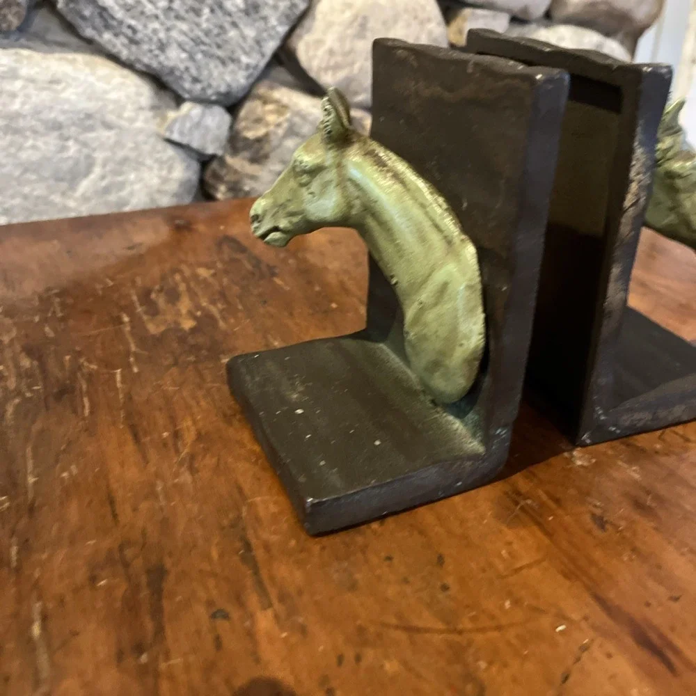 Antique Vtg Rare Horse Head Bookends, Heavy Metal, Nice Green Patina, 4x5x3